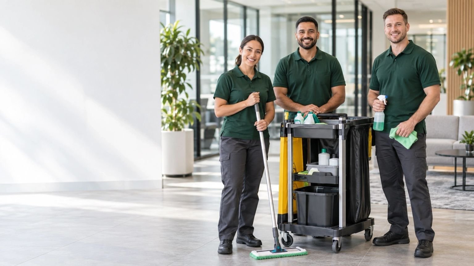 Illustration of a cleaning team in a bright workplace